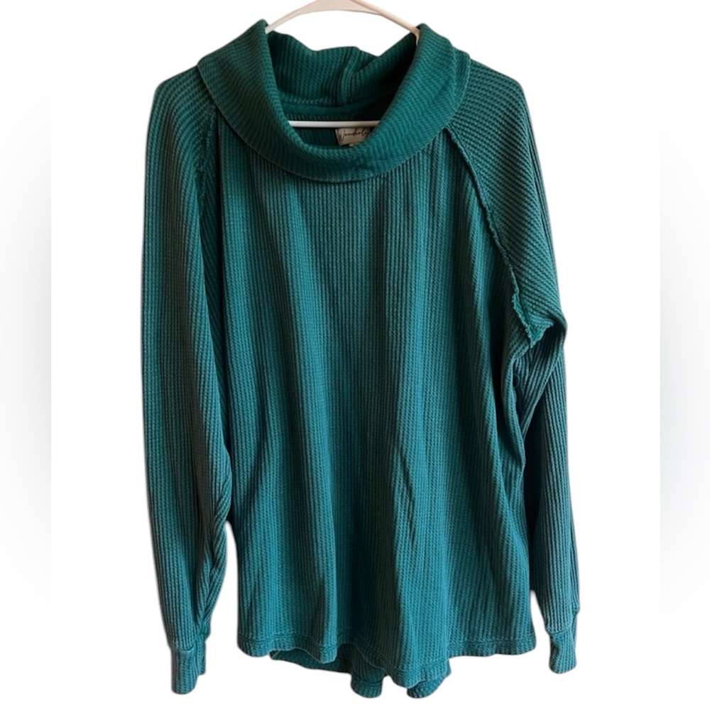 Women’s Wonderly Waffle Knit Cowl Neck Teal Sweater Top Size 1X 100% Cotton